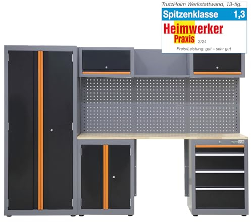 TRUTZHOLM Werkstattwand 13-teilig Werkstatteinrichtung 260 x 183 cm modulares Werkstattschranksystem flexibel zusammenstellbar, abschließbar, Hochschrank, Hängeschränke, Unterschränke (Orange)