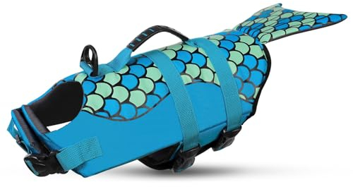 CITÉTOILE Giubbotti di Salvataggio per Cani, Giubbotto di salvataggio a forma di sirena, Salvagente Gilet con Manico per Cani Piccoli, Medi e Grandi, Taglia Regolabile, Blu, XS