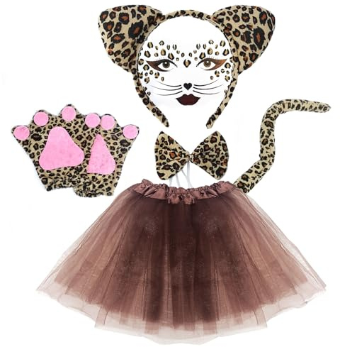 XNIVUIS Leoparden-Kostüm-Set, Leoparden-Gesicht, Kunst, Aticker, Leoparden-Haarband, Fliege, Schwanz, Handschuhe, Tutu-Rock, Katzenkostüm für Maskerade, Dekoration, Zubehör, Dschungel-Party,