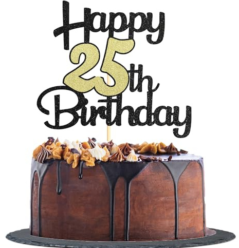 Sotpot Tortenaufsatz zum 25. Geburtstag, Schwarz und Gold, glitzernd, 1 Stück