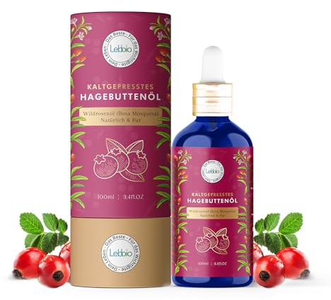 Lebbio Olio di rosa canina 100 ml – 100% naturale e spremuto a freddo – in bottiglia di vetro – per pelle, unghie, capelli, olio per il viso, anti-rughe, olio per il corpo, anti-invecchiamento, olio