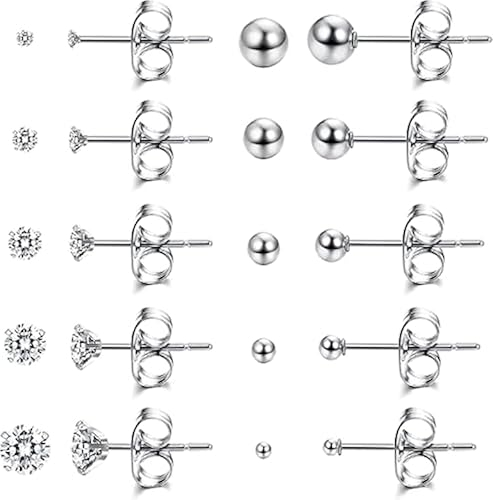 Dochais 10 Paar Ohrstecker Edelstahl Damen, 316L Chirurgenstahl Ohrringe Set Cubic Zirkonia Damen Klein Ohrstecker Gold/Silber, Hypoallergen Medizinische Ohrringe Herren 2/3/4/5/6 mm