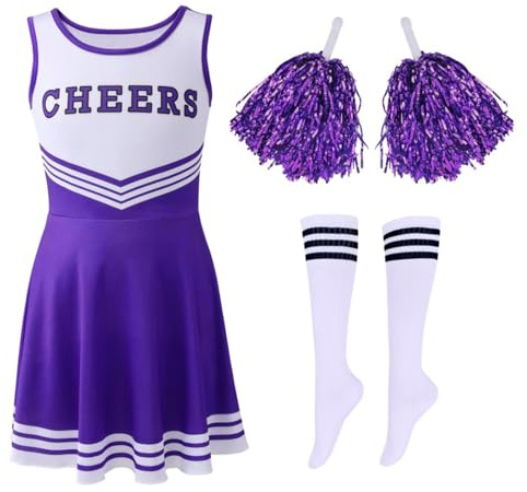 Hovershoes Girls Cheerleader Costume Fancy Dress for 3-12 Years | Includes Uniform, Pom Poms and Striped Socks. Soft Fabric Cheerleading Outfits for Halloween and Party Cosplay