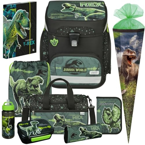 Generisch Jurassic - Dinosaurier - T-Rex Schulranzen-Set EasyFit 10tlg. mit Sporttasche, Schultüte, Brotdose und Trinkflasche - Heftbox Gratis dazu