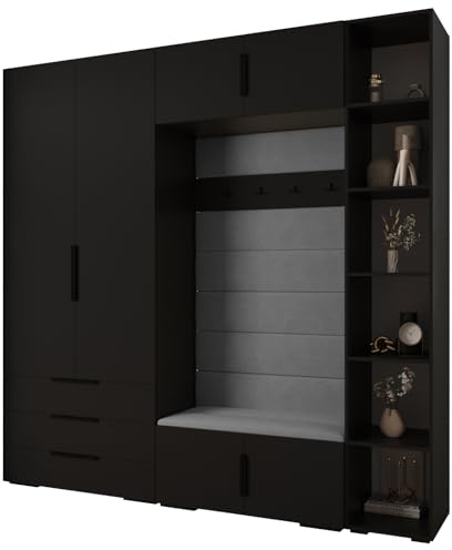 MEBLE KRYSPOL Inova 1 Möbelset - Moderne Garderobe - für Schlafzimmer, Wohnzimmer, Flur, Kinderzimmer - Ankleidemöbel - 236,7x240x47cm - Schwarz, Paneele Manila 16, Handgriff Schwarz