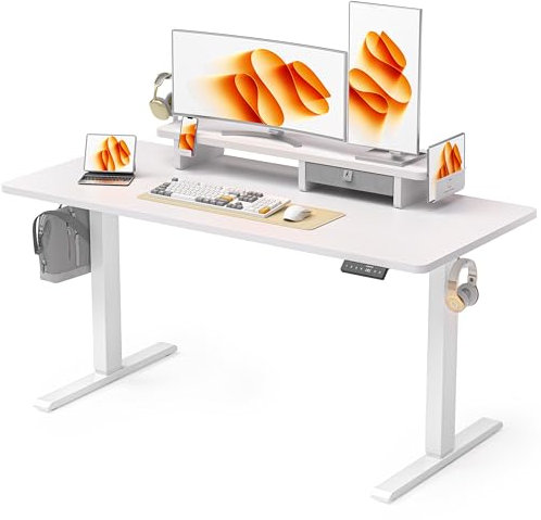 WALKINGDESK Höhenverstellbarer Schreibtisch Elektrisch mit Schubladen, 140 x 60 cm Stehpult mit Monitorständer und Handyhalter, Tisch Höhenverstellbar für Home Office Büro, 3 Haken, Weiß