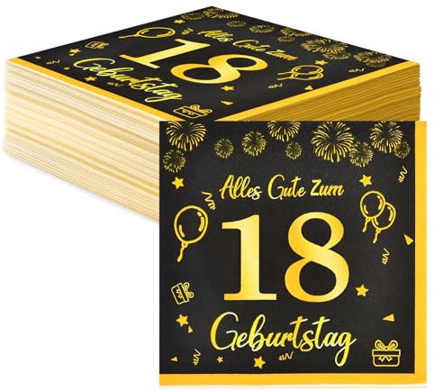 Servietten 18. Geburtstag Deko - Happy Birthday Schwarz Gold Tischdeko für Junge Mädchen - 18 Stück Papier Decorations 33x33cm