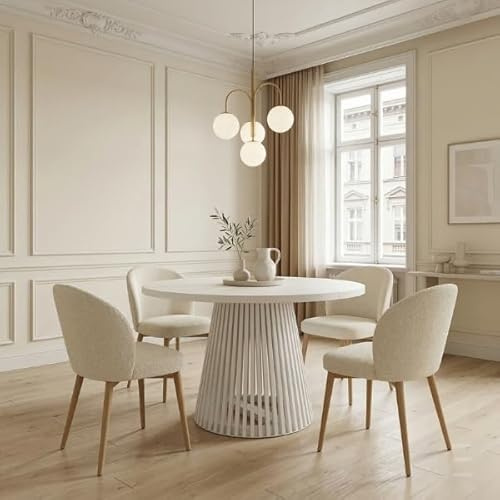 Dekori Möbel Runder Ausziehbarer Tisch für Esszimmer, Dover - Industrial/Loft Still mit Lamellenbeine, Durchmesser Varianten : von 90 bis 220 cm (Weiß, 100/200)