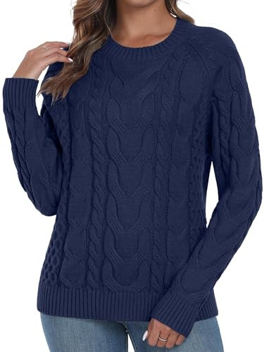 QIXING Womens Cable Knit Jumper Classic Crew Neck Sweater Elegant Long Sleeve Textured Knitwear for Women UK(Navy Blue, L)