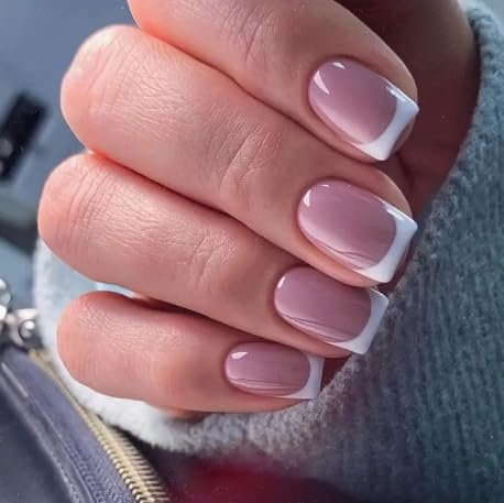 24Pcs square french polish Press on Nails Short,French Tip Fake Nails, False Nails, square Acrylic Full Cover Glue on Nails with Glossy Finish, Easy to Apply with Glue Stickers for Women and Girls