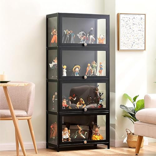 Witriolik Multifunktionale Staubdichte Glasvitrine, Glasvitrine Stehend Vitrinenschrank, Vitrinenschrank Wohnzimmer für Wohnzimmer und Büro(60x33x140cm-4 Schicht/Schwarz-Auf DREI Seiten transparent)