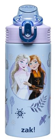 Zak Designs Disney Frozen - Botella de agua para niños para la escuela o viajes, botella de agua de acero inoxidable de 14 onzas con pajilla, asa y tapa desplegable con boquilla (Anna y Elsa)