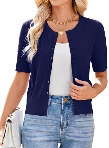 Newshows Short Sleeve Cardigan for Women UK Summer Cropped Cardigan Knitted Buttons Down Bolero Shrug Navy Blue,M