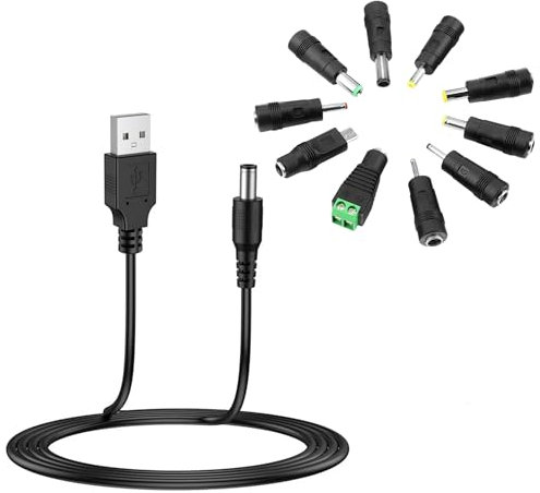 Universal 5V DC Power Cable, USB to DC Charging Cord with 10pcs Adapter Plugs Compatible with Webcam Router, Power Bank, Toy, Recorder, Bluetooth Speaker, Scanner, DVR, Hard Disk Box, USB-HUB etc.