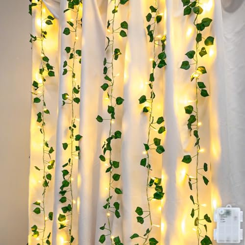 Dalugo Edera - Catena luminosa per interni, 5 m, 50 LED edera artificiale, con timer, luce bianca calda, per cameretta dei bambini, camera da letto, matrimonio, decorazione primaverile