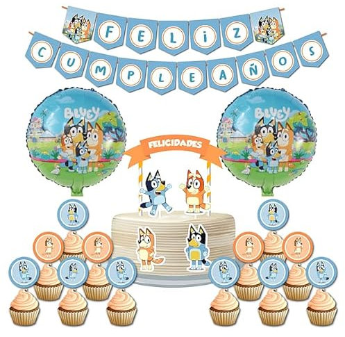 Kit Blue de Decoración para Fiesta de Cumpleaños, 2 Banderines, 12 Toppers, Cake Topper, Globos (Blue)