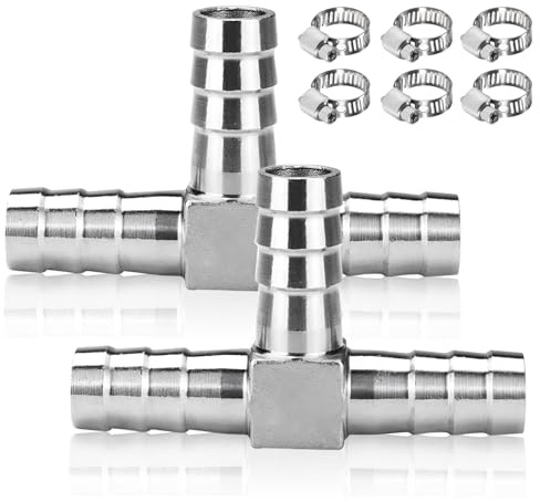 2 Stück Edelstahl Schlauchtülle T Stück, 10mm 3 Wege Verbindungsstück | Edelstahl T-Schlauchverbinder mit Klemmen, 3 Wege T förmige Schlauchverschraubung, für Luft, Wasser, Öl, Schlauch