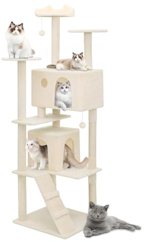 Athena Collection Moderner Katzenbaumturm, 190 cm hoch, Katzenbaum, Kletterturm mit Kratzbaum, 2 Condo Multi-Level-Aktivitätszentrum und Spielball für den Innenbereich, groß, Erwachsene, Beige