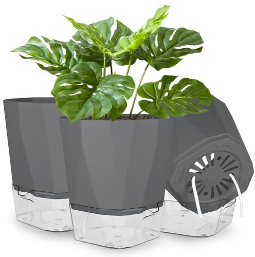 NUTKIT Maceta Autorriego 18*10.5*16.5cm, 3 Pcs Plástico Gris con Bandeja | Redonda, orificios de drenaje, sistema de riego automático, ideal para plantas de interior, talla M