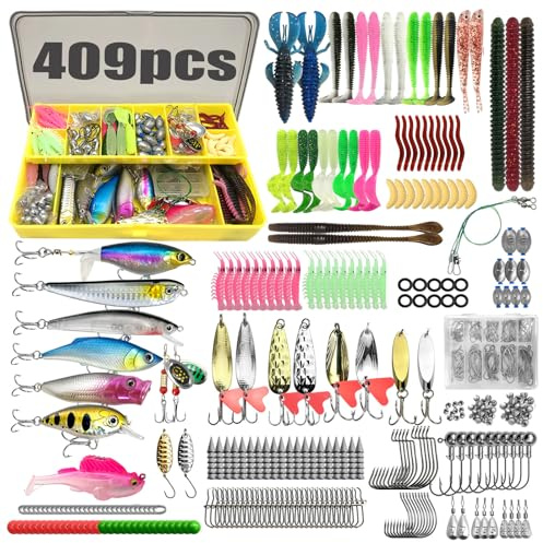 Strixorn Juego de accesorios de pesca, juego de 367 señuelos de pesca y juego de herramientas con clips de labios, extractor de gancho, caja de cebo con accesorios, equipo de pesca, cebo para lucio