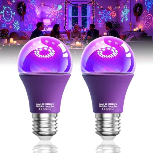 Klarlight UV LED Schwarzlichtbirne, 9W (100W Äquivalent) E27 UV Schwarzlicht Glühbirne, 395-400nm Wellenlänge Schwarzlichtlampe, Leuchtet im Dunkeln für Halloween, Party, Body Art, 2 Stück