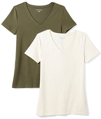 Amazon Essentials Women's Regular-Fit Short-Sleeve V-Neck T-Shirt, Pack of 2, Olive/Oatmeal Heather, XS