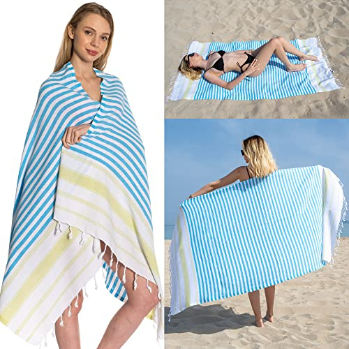 DEMMEX 100% Turkish Cotton Beach Towel - Oversized, Quick Dry, Sand Free, Compact, Thin, Lightweight - Turkish Hammam Peshtemal Beach Towel Blanket, Made in Turkey, Prewashed, 180x90cm(Turquoise-Lime)