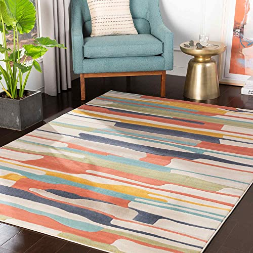 Livabliss Atlanta Geometric Rug - Scandi Area Rugs Living Room 160x220 cm, Dining, Kitchen - Neutral, Abstract Patterned Rugs, Boho Style, Easy Care Pile - Large Rug, Orange, Blue and Beige