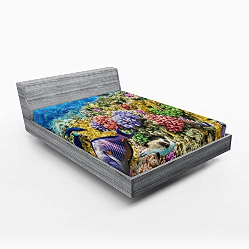 Lunarable Ocean Spannbettlaken, Unterwasserlandschaft, bunt, Schwammkorallenriffe, tropische Fische und Quallen, Bettbezug mit rundum elastischer, tiefer Tasche für Komfort, volle Größe, Sepia