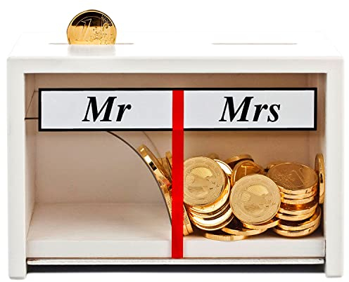 Spardose zur Hochzeit | Mr und Mrs | Weiß | Geld rutscht Immer zur Ehefrau | Lustiges Sparschwein für das Ehepaar I Originelles Geldgeschenk Hochzeitsgeschenk für das Brautpaar | Hochzeitskasse