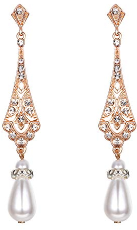 Clearine Boucles d'Oreilles Pendant Femme Mariage Pendentif Losangé avec Perle Cristal Strass Cadeau Délicat Ton d'Or Rose Clair