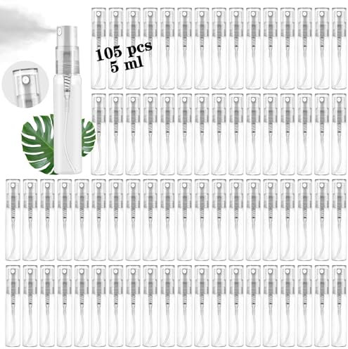 Mini Spray Bottles 105PCS 5ML Clear Glass Perfume Bottles Refillable Fine Mist Spray Bottles Empty Fragrance Scent Sample Spray Containers Cosmetics Make up Atomizer for Cleaning,Travel,Essential Oils