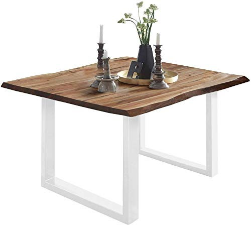 SAM Esszimmertisch 90 x 90 cm Mephisto, Baumkantentisch naturfarben, Akazienholz massiv, U-Gestell aus Metall weiß