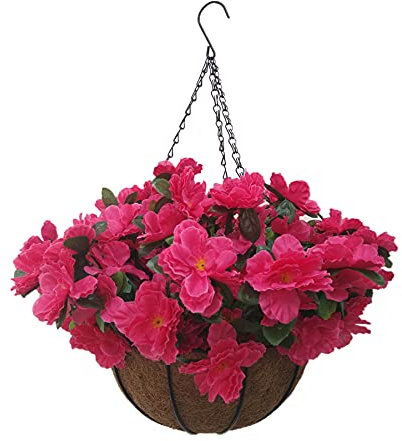 Fleurs artificielles rose rouge rhododendron azalée en soie avec pot de fleurs à suspendre à l'intérieur et à l'extérieur pour le jardin, le balcon, la maison (panier moyen)
