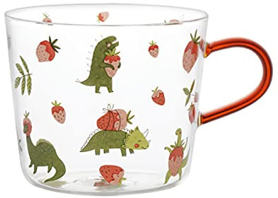 Sizikato Tasse à petit déjeuner en verre transparent avec poignée, tasse à lait de 445 ml, motif dinosaure mignon et fraise