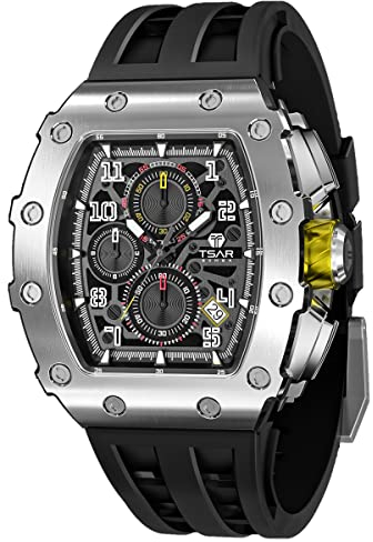TSAR BOMBA Herrenuhr Luxus Armbanduhr Herren Chronograph 50M Wasserdicht Saphirglas Japan Quarzwerk TMI VK67 Klassisches Tonneau Leuchtendes Kalender Männer Uhr