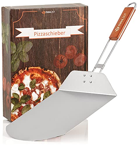 Mahlzeit Edelstahl Pizzaschieber mit Bambus Griff | 25,5 x 30,5 cm | Pizzaschaufel für Pizzaofen | Pizzawender zum Backen | Schieber, Grillzubehör, Schaufel, Pizzapaddel, Klappgriff