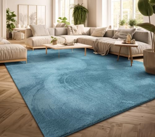 TT Home Wohnzimmer Teppich Kurzflor Anti-Rutsch Rückseite Unifarben Modern Waschbar, Farbe: Hellblau Türkis, Größe:120 cm Rund