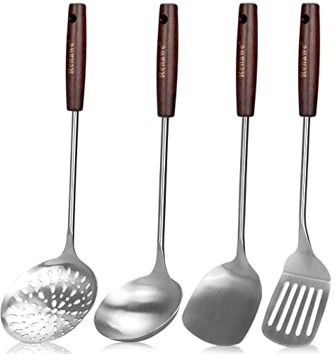 Cucharón de sopa ranurado grande de acero inoxidable Wok Espátula de acero inoxidable Juego de 4, cuchara ranurada con mango largo de madera, espátula de metal grande