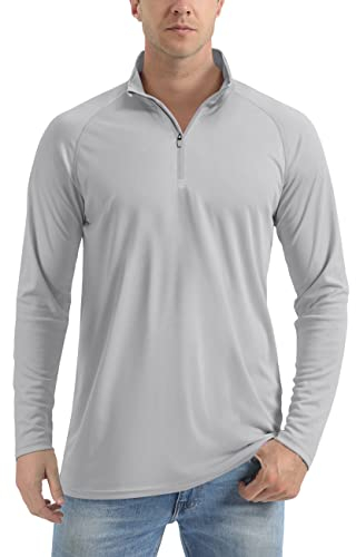 TACVASEN Herren UPF 50+ UV Shirt Sonnenschutz Langarm T-Shirt Stehkragen Outdoor Wandershirt Surf Laufen Angeln, Hellgrau, 3XL
