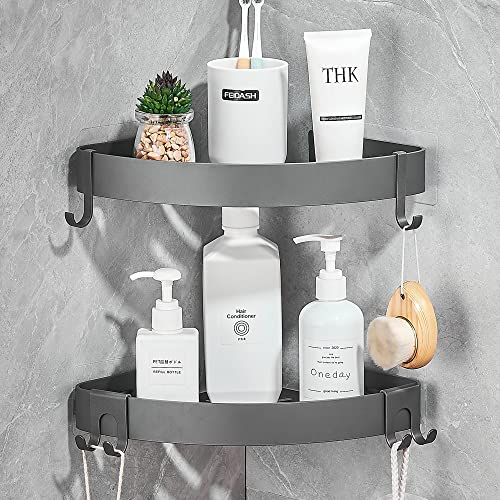 GERUIKE Corner Shower Shelves No Drilling Adhesive Bathroom Shelf Aluminium Caddy Basket Wall Mounted Storage for Kitchen & Bathroom Organiser Matt Grey 2 Pack