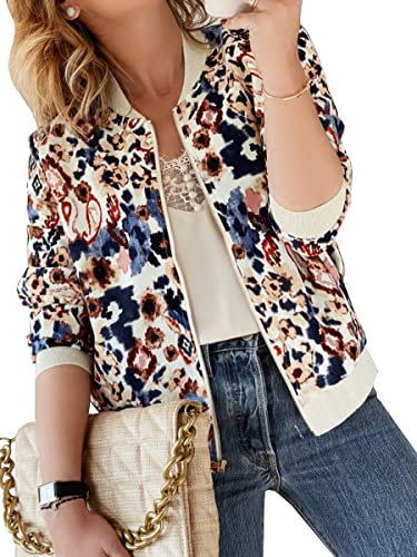 ECOWISH Damen Casual Jacke Blumenmuster Langarm Bomberjacke Rei?verschluss Stehkragen Outwear Kurz Coat Herbst Fr¨¹hling 03Leopard Blumen S
