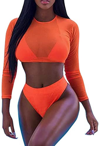 FeMereina Women Rave Outfits Neon Bodysuit Crop Top Long Sleeve Swimsuits Mesh Shrug with Buckle for Festival Club Party (Orange#2, S)