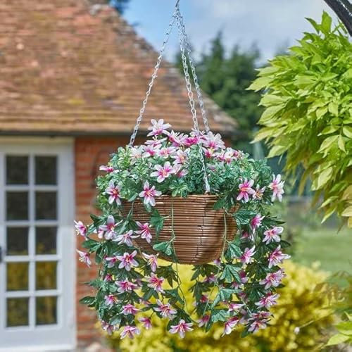 Garden Mile 12'' Artificial Flower Hanging Basket Garden Planter with Rattan Basket Fake Flowers Pink Lillies Hanging Plant Pot Outdoor Decoration Large Wicker Basket with Fake Flowers