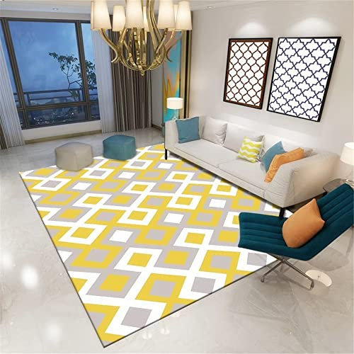 Teppich Vorleger Kinderteppich Mädchen Wohnzimmer Teppich Gelb Kariertes Einfaches Modernes Schlafzimmer Rutsch Fest 60X90Cm Teppich Pflegeleicht Gelb