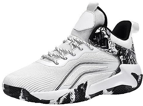 PENXZT Herren Basketballschuhe Jungen Turnschuhe Laufschuhe Outdoor-Sportschuhe Anti-Rutsch High-Top Atmungsaktive Basketball Schuhe,Weiß,47 EU