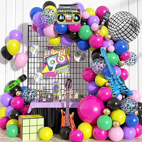 80s 90s Theme Party Decorations, Retro Rock Music Balloon Garland Arch Kit with Rainbow Balloons & Disco Ball Boombox Bass Guitar Microphone Foil Balloons for Back to 80s 90s Hip Hop Birthday Supplies