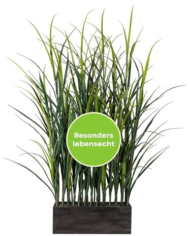 CREATIV green Raumteiler Pflanzen 90cm I künstlicher & stilvoller Deko Gras Raumteiler I pflegeleichtes künstliches Gras als Trennwand mit Holzkasten 30 x 10 x 13cm I Kunstgras Dekogras hoch