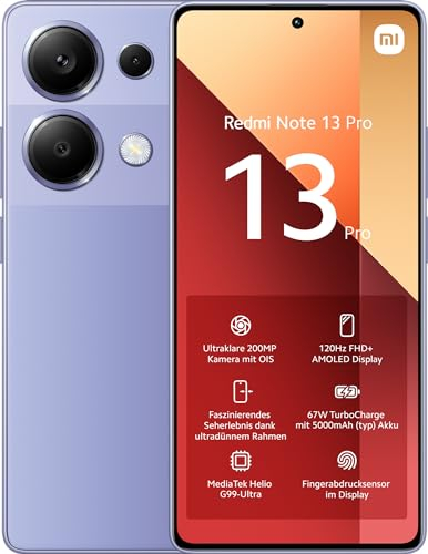 Xiaomi Redmi Note 13 Pro Smartphone, 8+256GB, Handy ohne Vertrag, 6,67 FHD+ AMOLED Display, 5.000 mAh, 200MP Kamera, Dual-SIM, Lila