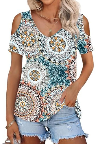 WNEEDU Camisetas Manga Corta Mujer Verano Blusas Cuello V Top Elegante Basicas T-Shirt Imprimir Verde L